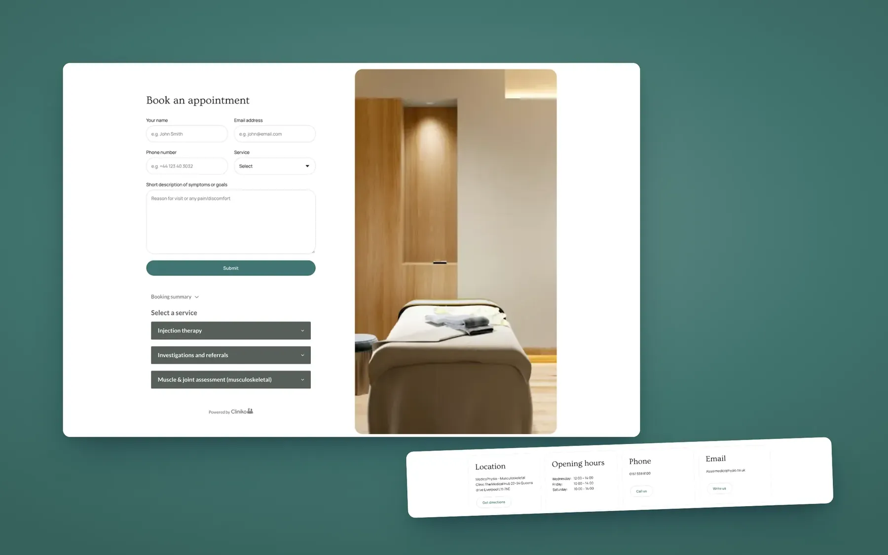 Page contact avec formulaire, réservation en ligne et infos pratiques