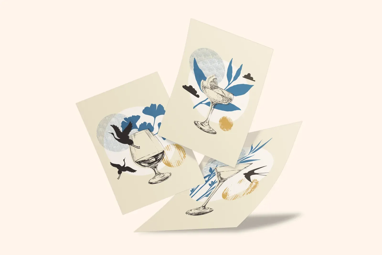 Illustrated cocktail cards for the MO Bar