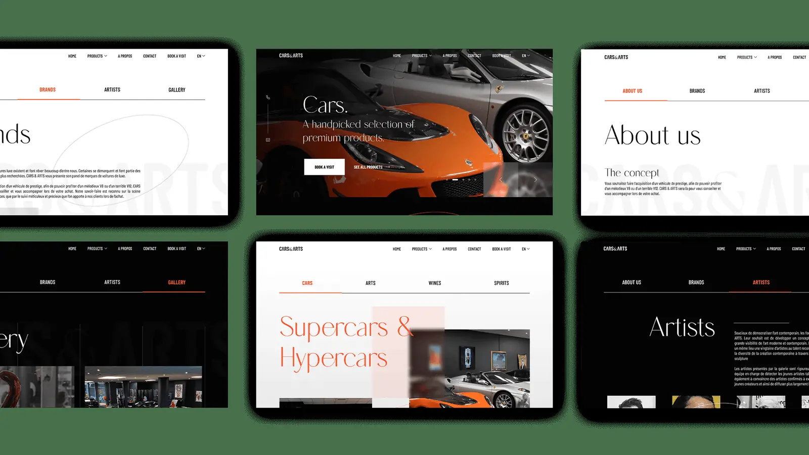Cars & Arts website screens: brands, supercars, artists and about pages