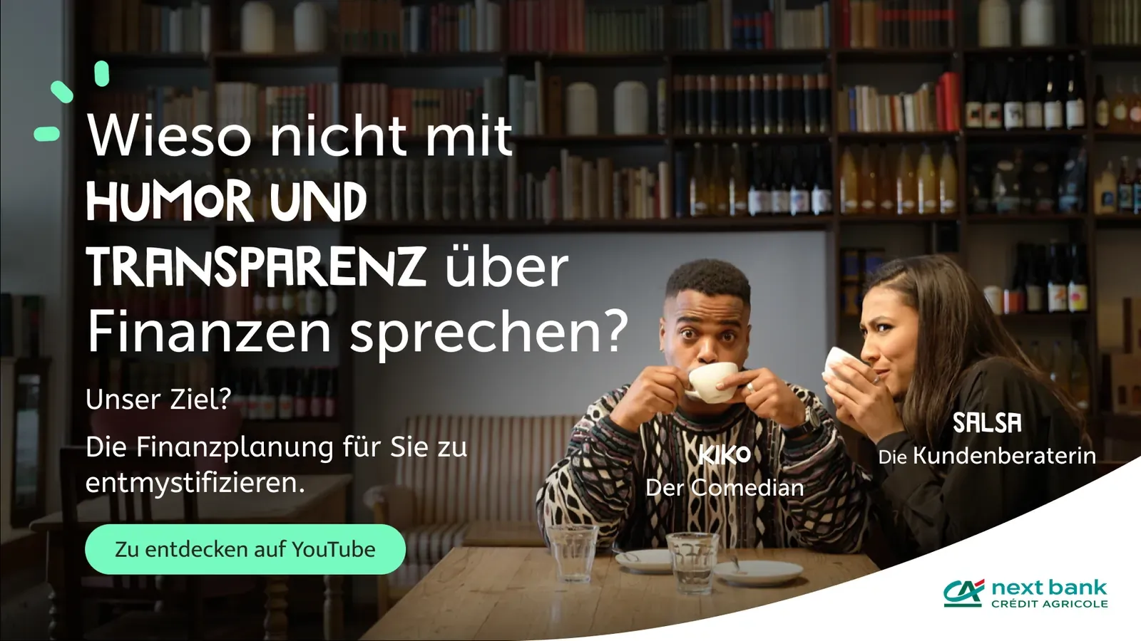 Swiss German campaign visual: Kiko the comedian and Salsa, client advisor