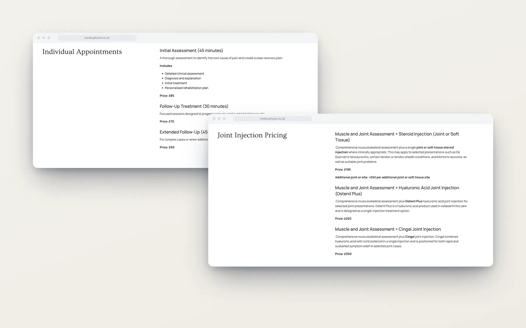 Page tarifs : consultations individuelles et infiltrations