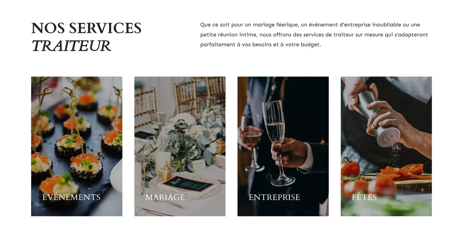 The four catering services: events, weddings, corporate, celebrations