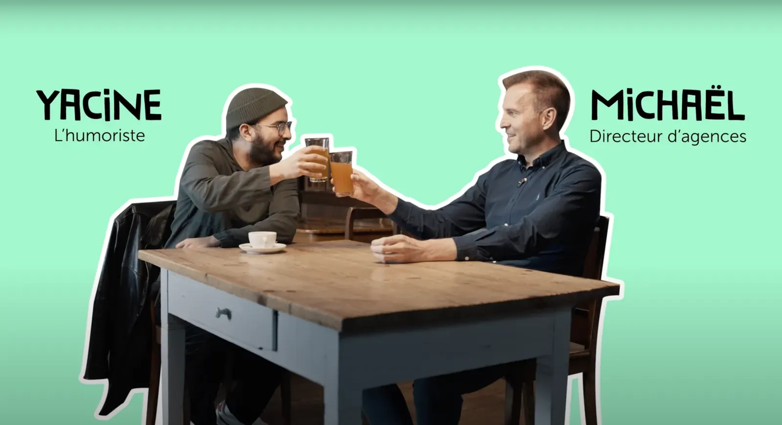 YouTube thumbnail: Yacine and Michaël raise a toast